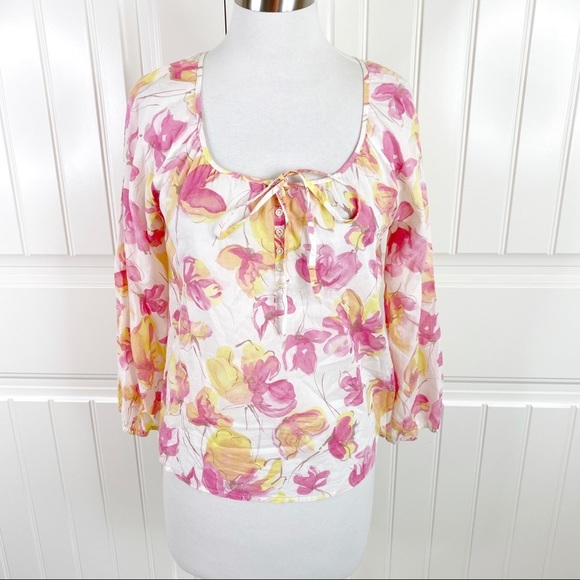 Ann Taylor LOFT Floral Tie-Neck Peasant Blouse SP - Picture 1 of 5